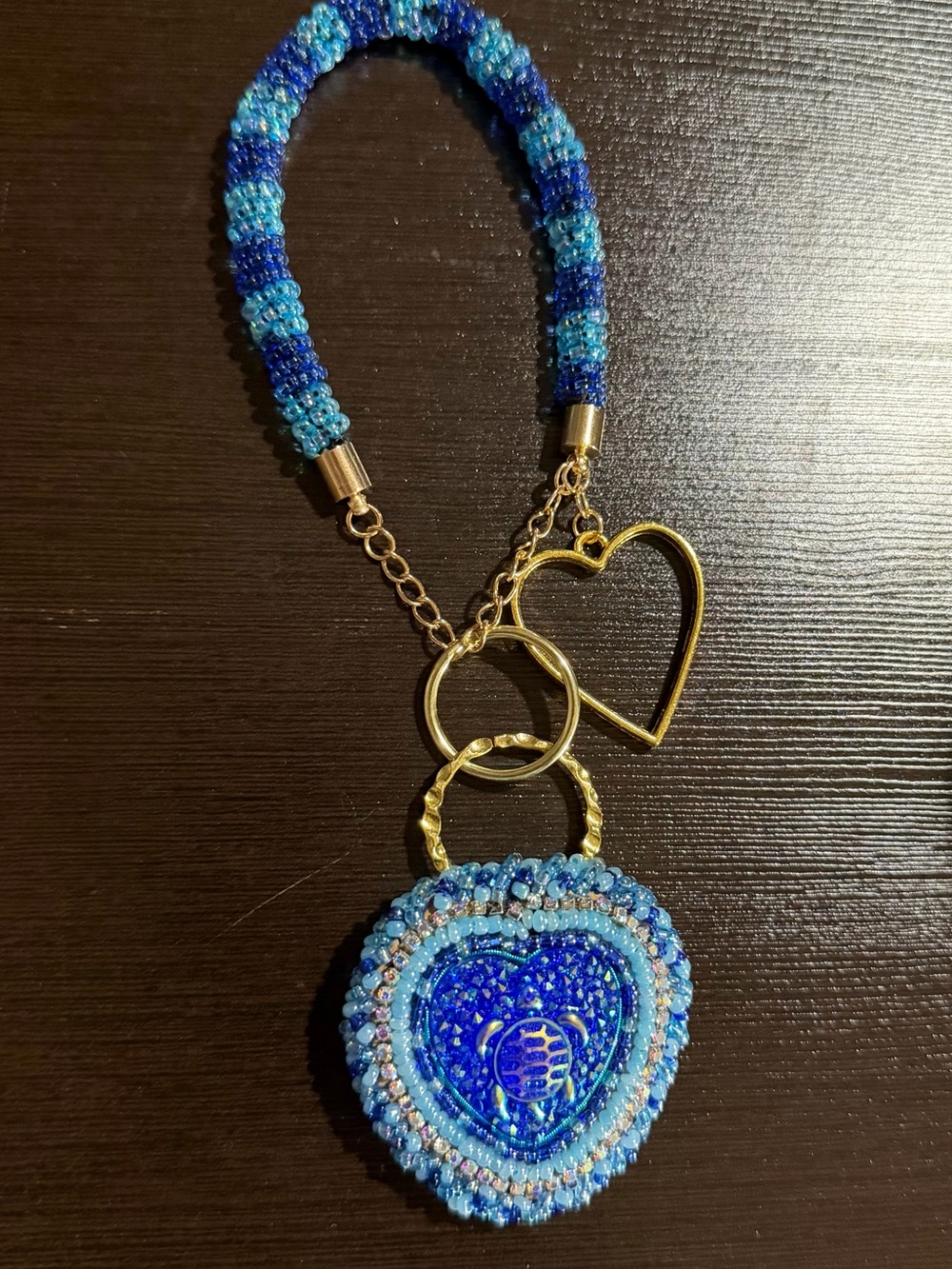 Blue Beaded Heart Pendant Keychain Necklace - Women Jewelry